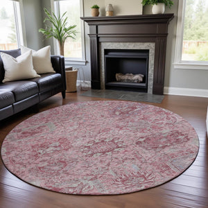 HomeRoots 8' Elegant Pink, Gray, and Ivory Damask Washable Round Rug with UV Protection for Busy Homes 684337