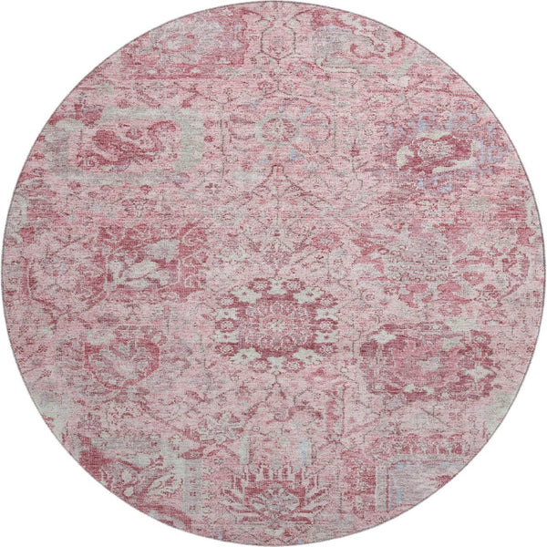 HomeRoots 8' Elegant Pink, Gray, and Ivory Damask Washable Round Rug with UV Protection for Busy Homes 684337