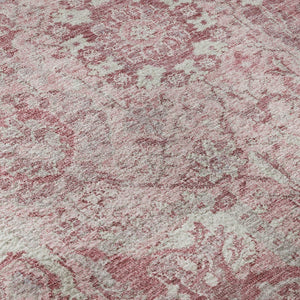 HomeRoots 8' Elegant Pink, Gray, and Ivory Damask Washable Round Rug with UV Protection for Busy Homes 684337