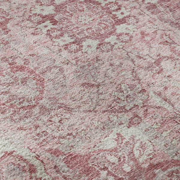 HomeRoots 8' Elegant Pink, Gray, and Ivory Damask Washable Round Rug with UV Protection for Busy Homes 684337