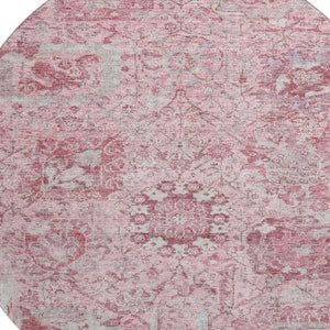 HomeRoots 8' Elegant Pink, Gray, and Ivory Damask Washable Round Rug with UV Protection for Busy Homes 684337