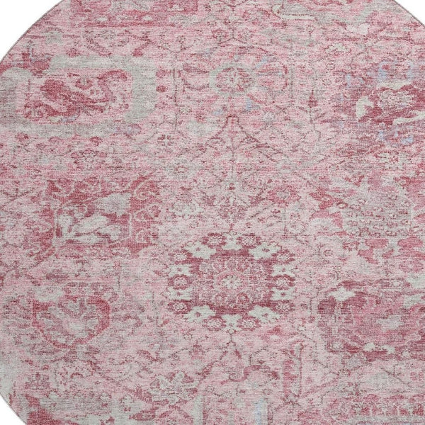 HomeRoots 8' Elegant Pink, Gray, and Ivory Damask Washable Round Rug with UV Protection for Busy Homes 684337