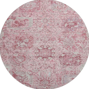 HomeRoots 8' Elegant Pink, Gray, and Ivory Damask Washable Round Rug with UV Protection for Busy Homes 684337