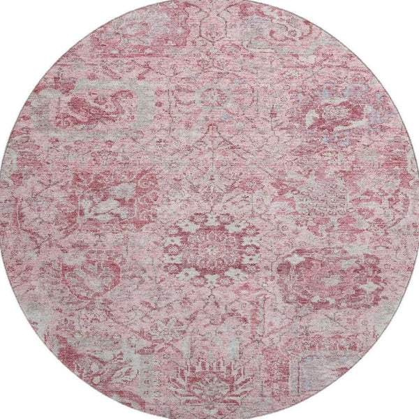 HomeRoots 8' Elegant Pink, Gray, and Ivory Damask Washable Round Rug with UV Protection for Busy Homes 684337