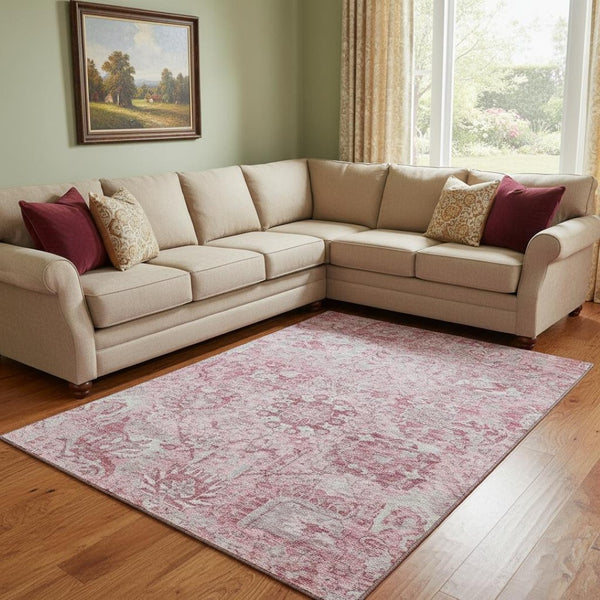 HomeRoots 8' X 10' Elegant Pink Gray Ivory Damask Washable Area Rug with Stain Resistance & UV Protection 684338