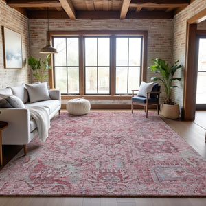 HomeRoots 8' X 10' Elegant Pink Gray Ivory Damask Washable Area Rug with Stain Resistance & UV Protection 684338