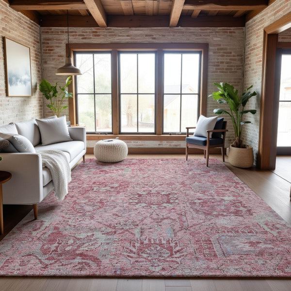 HomeRoots 8' X 10' Elegant Pink Gray Ivory Damask Washable Area Rug with Stain Resistance & UV Protection 684338