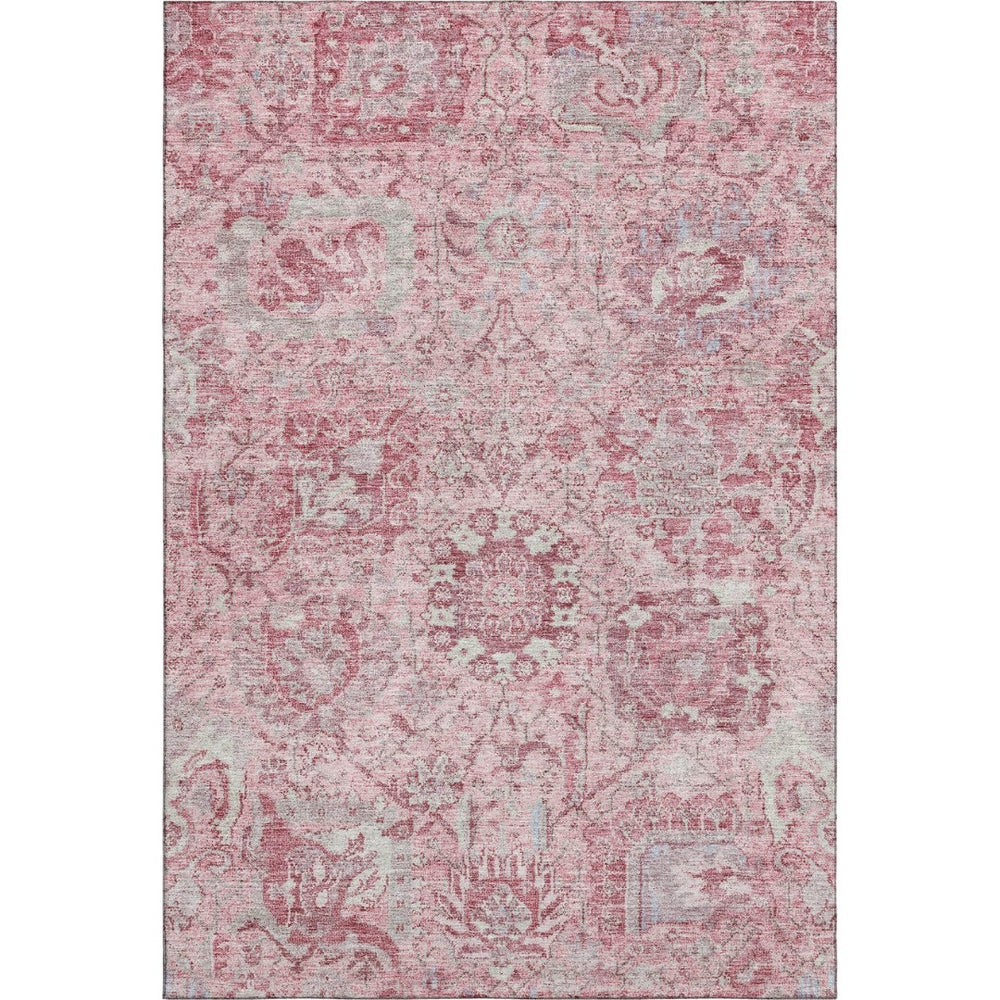 HomeRoots 8' X 10' Elegant Pink Gray Ivory Damask Washable Area Rug with Stain Resistance & UV Protection 684338