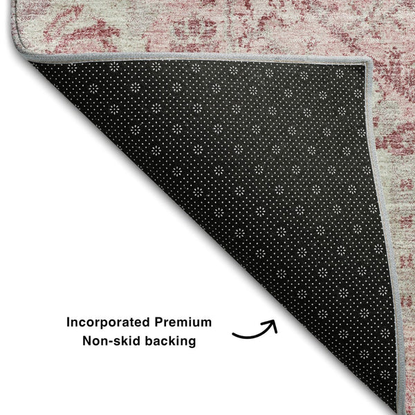 HomeRoots 8' X 10' Elegant Pink Gray Ivory Damask Washable Area Rug with Stain Resistance & UV Protection 684338