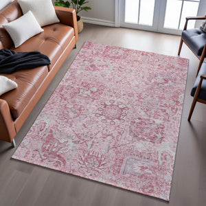 HomeRoots 8' X 10' Elegant Pink Gray Ivory Damask Washable Area Rug with Stain Resistance & UV Protection 684338