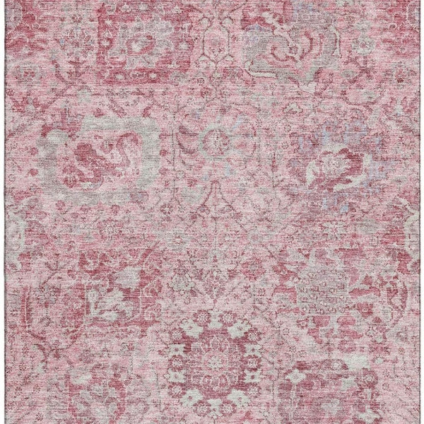 HomeRoots 8' X 10' Elegant Pink Gray Ivory Damask Washable Area Rug with Stain Resistance & UV Protection 684338
