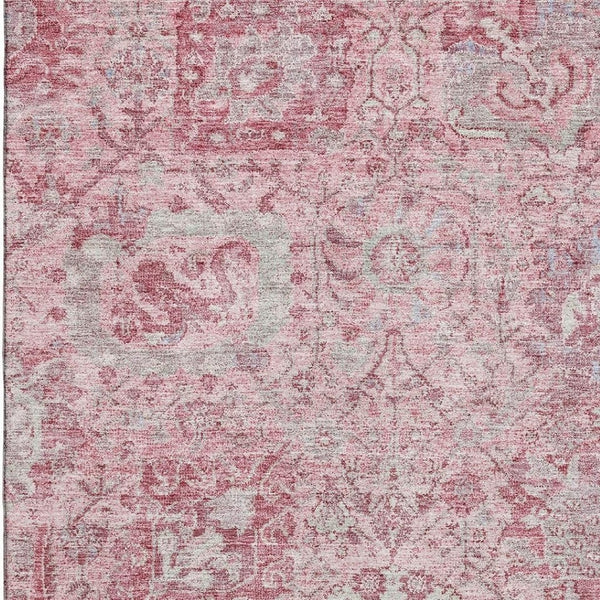 HomeRoots 10' Pink Gray Ivory Damask Area Rug - Washable, UV Protected, Durable Design for Family Spaces 684340