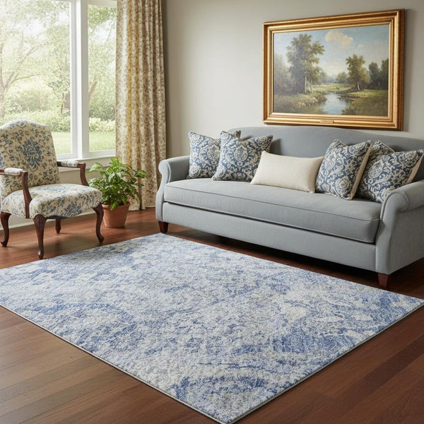 HomeRoots 5' x 8' Elegant Sky Blue, Gray & Ivory Damask Area Rug - Washable, UV Protected & Stain-Resistant! 684342