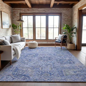 HomeRoots 5' x 8' Elegant Sky Blue, Gray & Ivory Damask Area Rug - Washable, UV Protected & Stain-Resistant! 684342