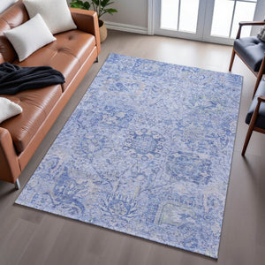HomeRoots 5' x 8' Elegant Sky Blue, Gray & Ivory Damask Area Rug - Washable, UV Protected & Stain-Resistant! 684342