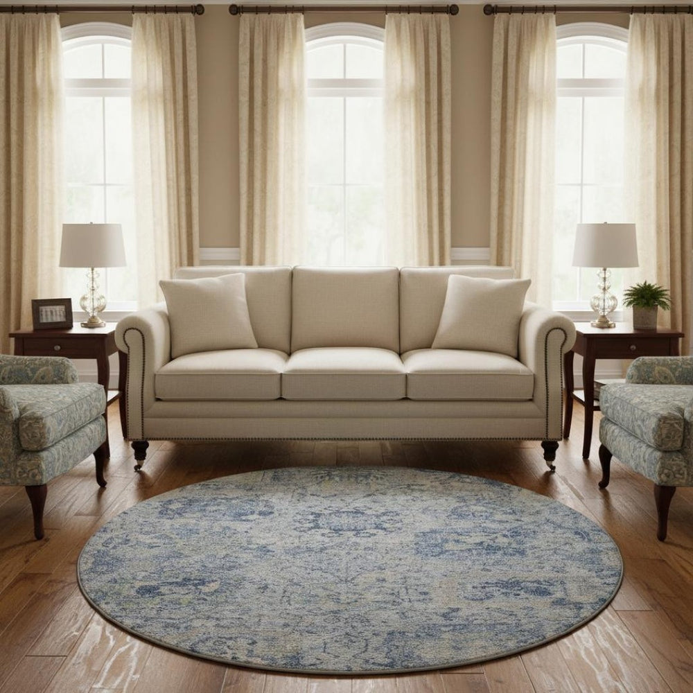 HomeRoots 8' Sky Blue Gray Ivory Damask Round Rug - Washable, UV-Protected, Durable for Busy Homes! 684343