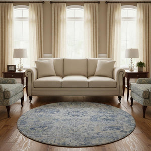 HomeRoots 8' Sky Blue Gray Ivory Damask Round Rug - Washable, UV-Protected, Durable for Busy Homes! 684343