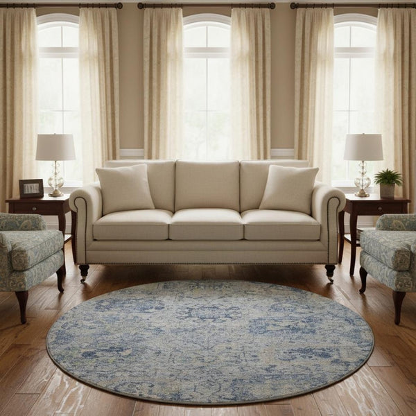 HomeRoots 8' Sky Blue Gray Ivory Damask Round Rug - Washable, UV-Protected, Durable for Busy Homes! 684343