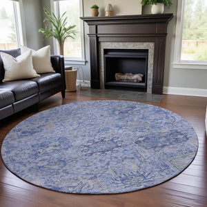 HomeRoots 8' Sky Blue Gray Ivory Damask Round Rug - Washable, UV-Protected, Durable for Busy Homes! 684343
