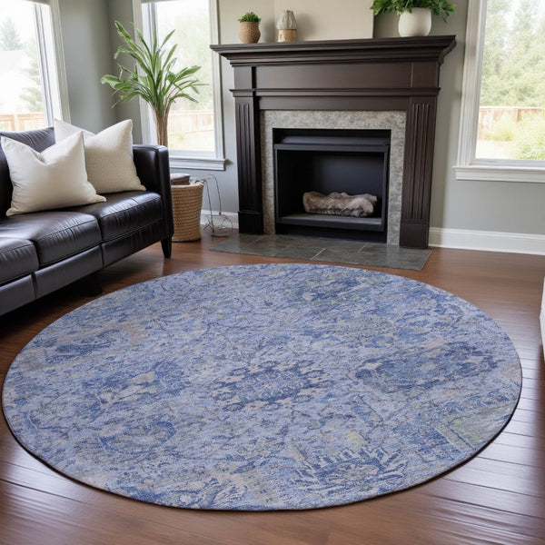 HomeRoots 8' Sky Blue Gray Ivory Damask Round Rug - Washable, UV-Protected, Durable for Busy Homes! 684343