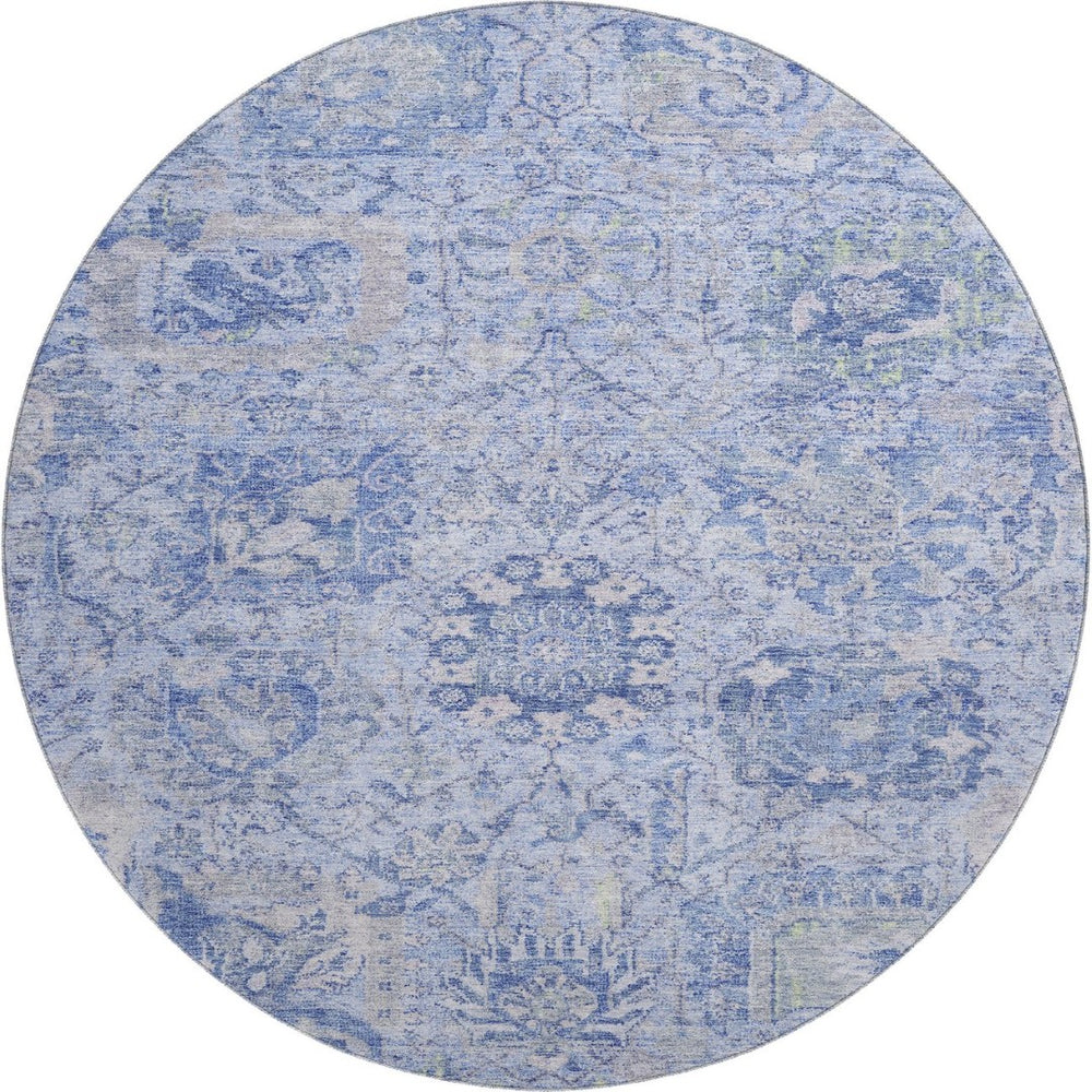 HomeRoots 8' Sky Blue Gray Ivory Damask Round Rug - Washable, UV-Protected, Durable for Busy Homes! 684343