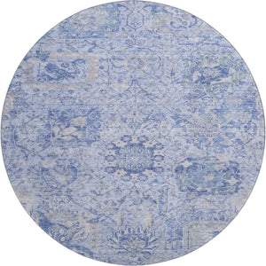 HomeRoots 8' Sky Blue Gray Ivory Damask Round Rug - Washable, UV-Protected, Durable for Busy Homes! 684343