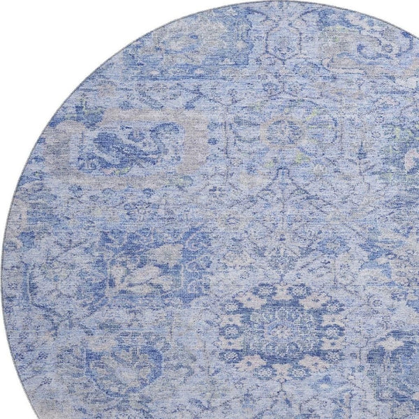 HomeRoots 8' Sky Blue Gray Ivory Damask Round Rug - Washable, UV-Protected, Durable for Busy Homes! 684343