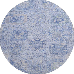 HomeRoots 8' Sky Blue Gray Ivory Damask Round Rug - Washable, UV-Protected, Durable for Busy Homes! 684343