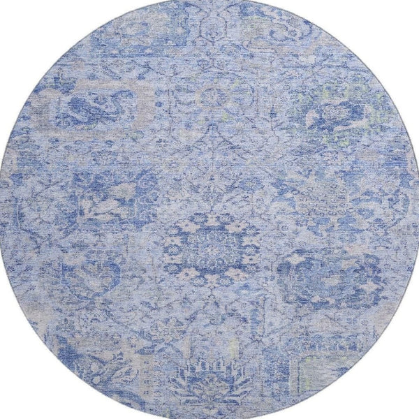 HomeRoots 8' Sky Blue Gray Ivory Damask Round Rug - Washable, UV-Protected, Durable for Busy Homes! 684343