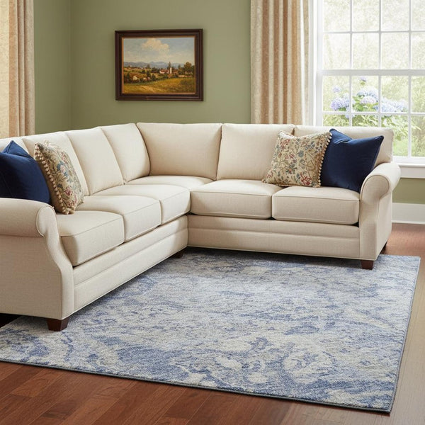 HomeRoots 8' X 10' Stylish Sky Blue Damask Area Rug - Washable, Stain-Resistant, UV Protected for Any Space 684344