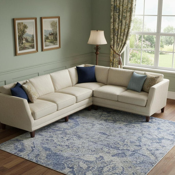 HomeRoots 9' X 12' Elegant Sky Blue Gray Ivory Damask Area Rug – Washable, UV Protected, Durable Design for Homes 684345