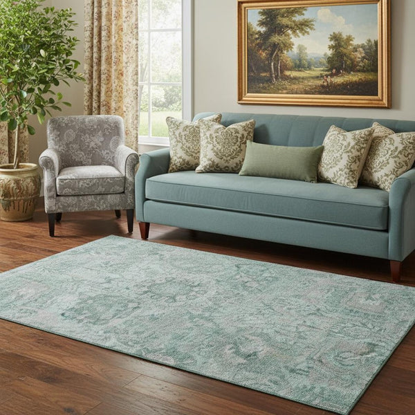 HomeRoots 5' X 8' Elegant Teal Gray Ivory Damask Area Rug - Washable, Stain Resistant & UV Protected Design! 684348