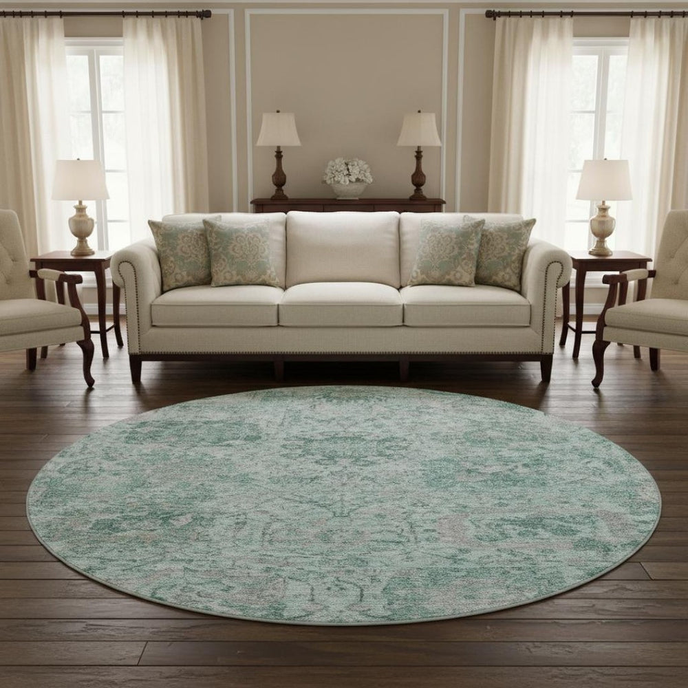 HomeRoots 8' Elegant Teal Gray & Ivory Damask Round Rug - Washable, UV Protected, Ideal for High Traffic Homes 684349