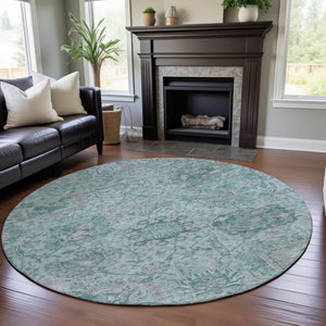 HomeRoots 8' Elegant Teal Gray & Ivory Damask Round Rug - Washable, UV Protected, Ideal for High Traffic Homes 684349
