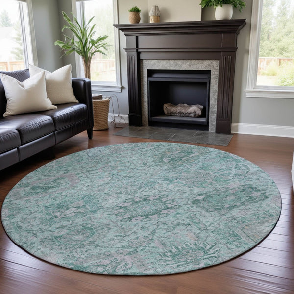 HomeRoots 8' Elegant Teal Gray & Ivory Damask Round Rug - Washable, UV Protected, Ideal for High Traffic Homes 684349