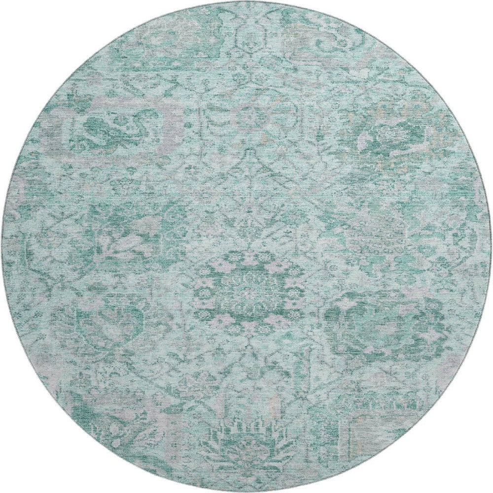 HomeRoots 8' Elegant Teal Gray & Ivory Damask Round Rug - Washable, UV Protected, Ideal for High Traffic Homes 684349