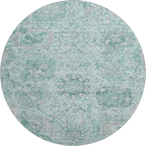 HomeRoots 8' Elegant Teal Gray & Ivory Damask Round Rug - Washable, UV Protected, Ideal for High Traffic Homes 684349