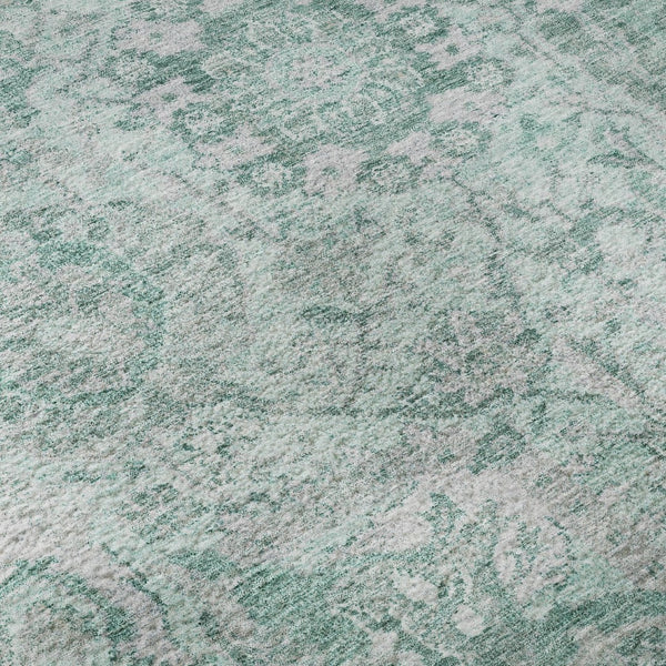 HomeRoots 8' Elegant Teal Gray & Ivory Damask Round Rug - Washable, UV Protected, Ideal for High Traffic Homes 684349