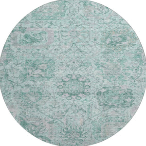 HomeRoots 8' Elegant Teal Gray & Ivory Damask Round Rug - Washable, UV Protected, Ideal for High Traffic Homes 684349