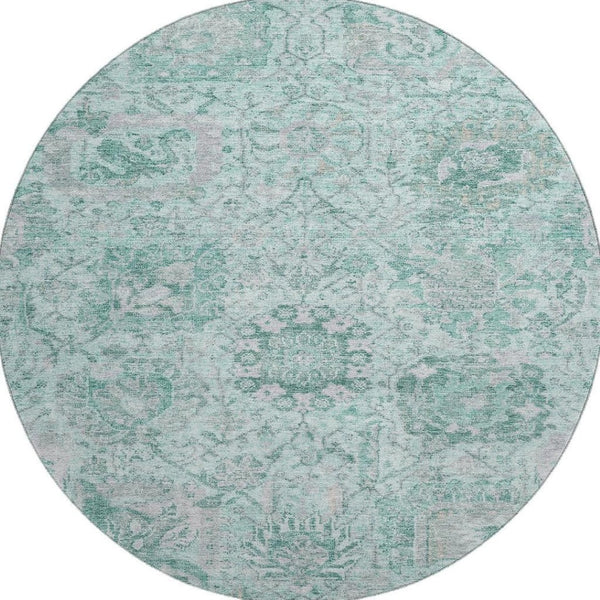 HomeRoots 8' Elegant Teal Gray & Ivory Damask Round Rug - Washable, UV Protected, Ideal for High Traffic Homes 684349