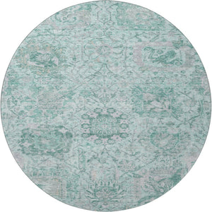 HomeRoots 8' Elegant Teal Gray & Ivory Damask Round Rug - Washable, UV Protected, Ideal for High Traffic Homes 684349