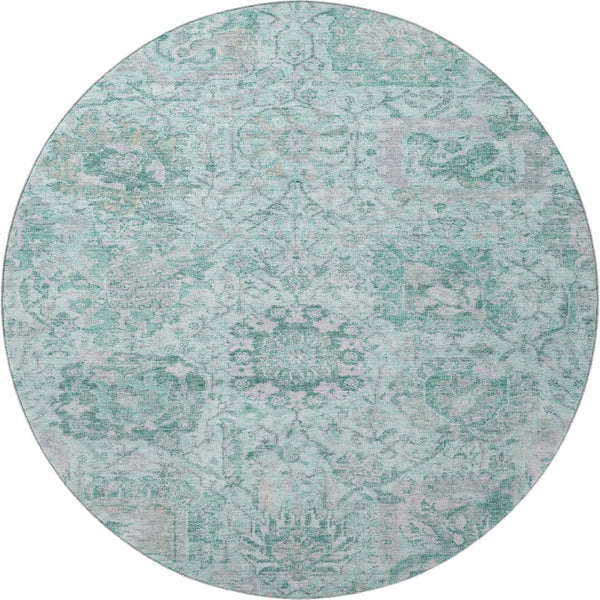 HomeRoots 8' Elegant Teal Gray & Ivory Damask Round Rug - Washable, UV Protected, Ideal for High Traffic Homes 684349