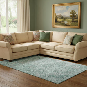 HomeRoots 8' X 10' Teal Gray Ivory Damask Area Rug - Washable, Stain Resistant & UV Protected for Homes 684350