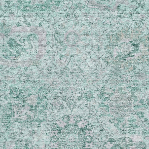 HomeRoots 8' X 10' Teal Gray Ivory Damask Area Rug - Washable, Stain Resistant & UV Protected for Homes 684350