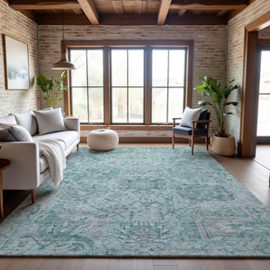HomeRoots 9' X 12' Elegant Teal Gray Ivory Damask Area Rug - Stylish, Washable, UV Protected for Busy Homes 684351