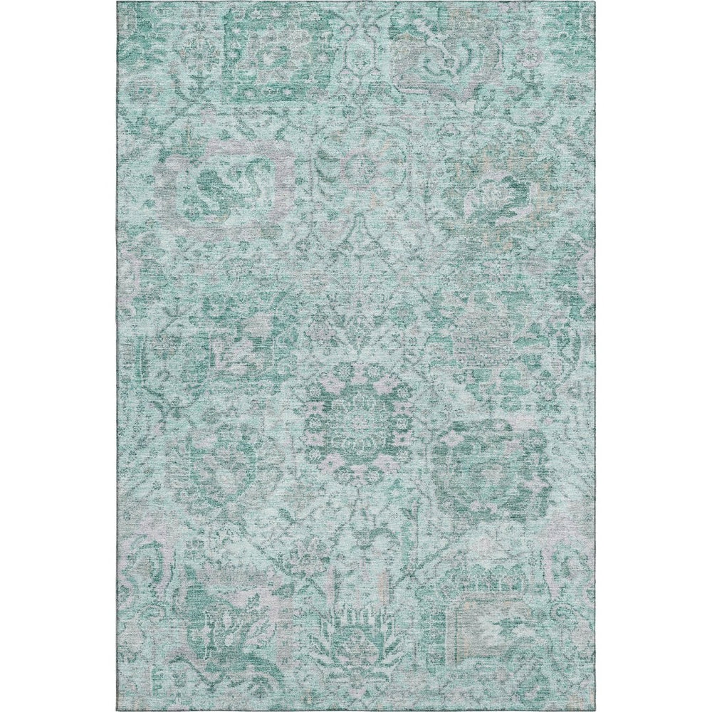 HomeRoots 9' X 12' Elegant Teal Gray Ivory Damask Area Rug - Stylish, Washable, UV Protected for Busy Homes 684351