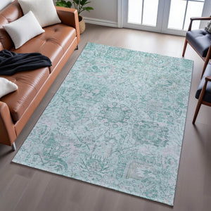 HomeRoots 9' X 12' Elegant Teal Gray Ivory Damask Area Rug - Stylish, Washable, UV Protected for Busy Homes 684351