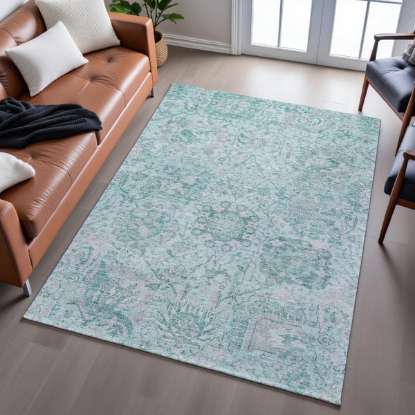 HomeRoots 9' X 12' Elegant Teal Gray Ivory Damask Area Rug - Stylish, Washable, UV Protected for Busy Homes 684351