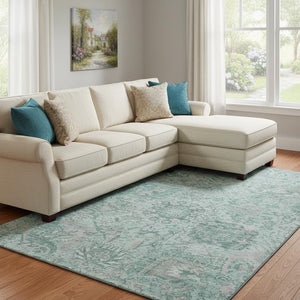 HomeRoots 10' Stylish Teal Gray and Ivory Damask Area Rug - Washable, UV Protected, Perfect for Busy Homes! 684352