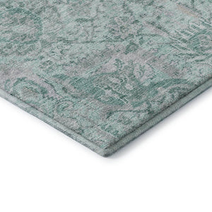 HomeRoots 10' Stylish Teal Gray and Ivory Damask Area Rug - Washable, UV Protected, Perfect for Busy Homes! 684352